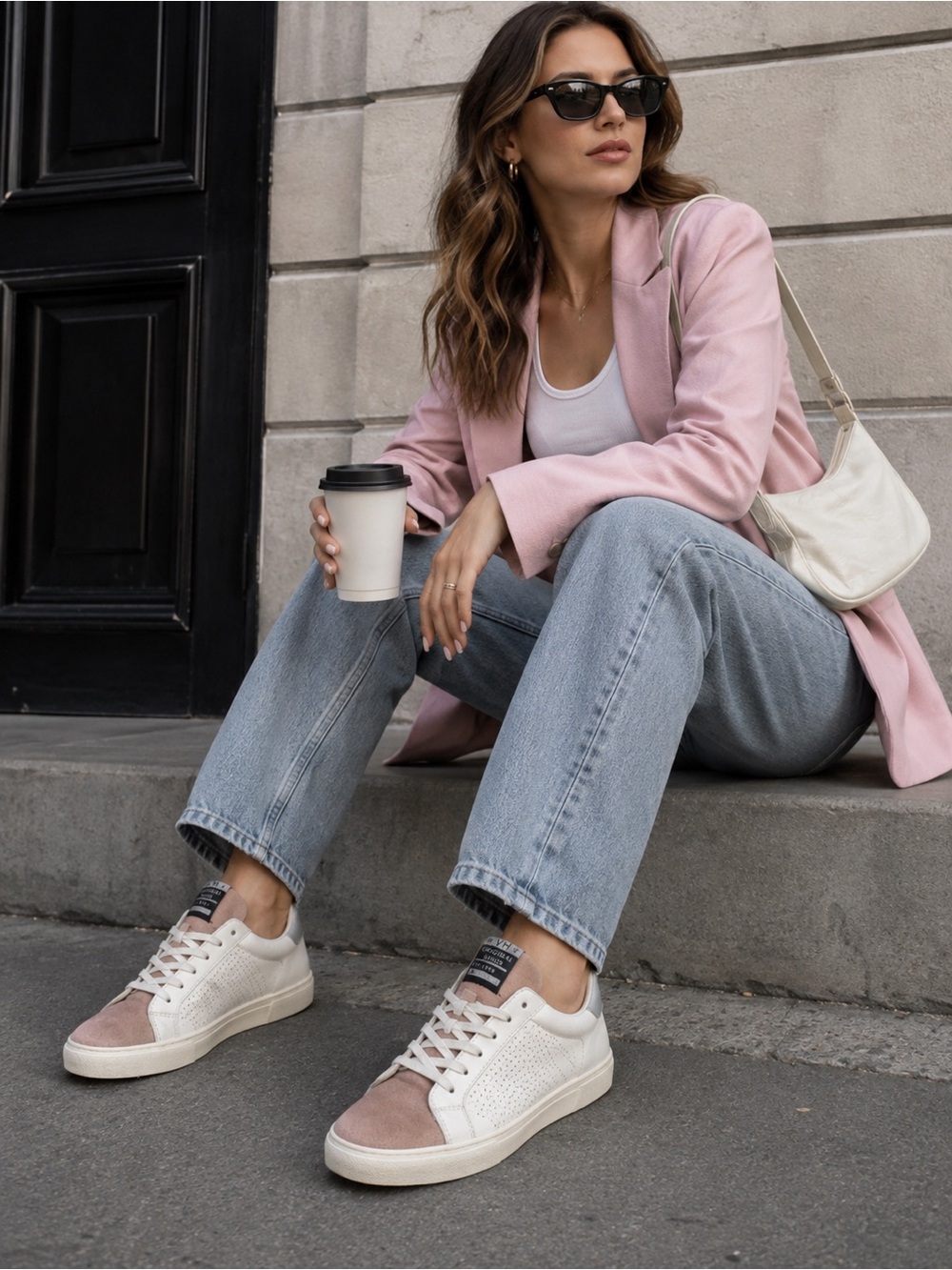 Vintage Havana White Leather Sneakers Pink Suede Toe Silver Heel Women’s Lace-Up